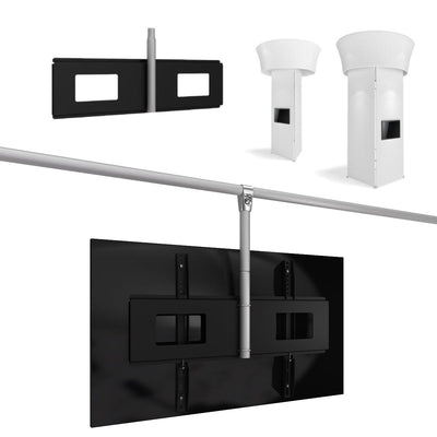 Monitor mount attached to trade show structure poles with examples of trade show booth towers in background