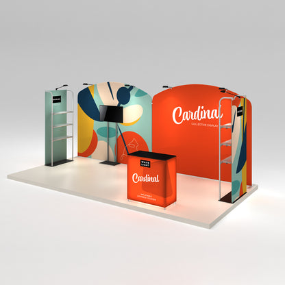 Trade show booth with inflatable lightbox counter, curved fabric walls, shelving units, and TV display for exhibitions