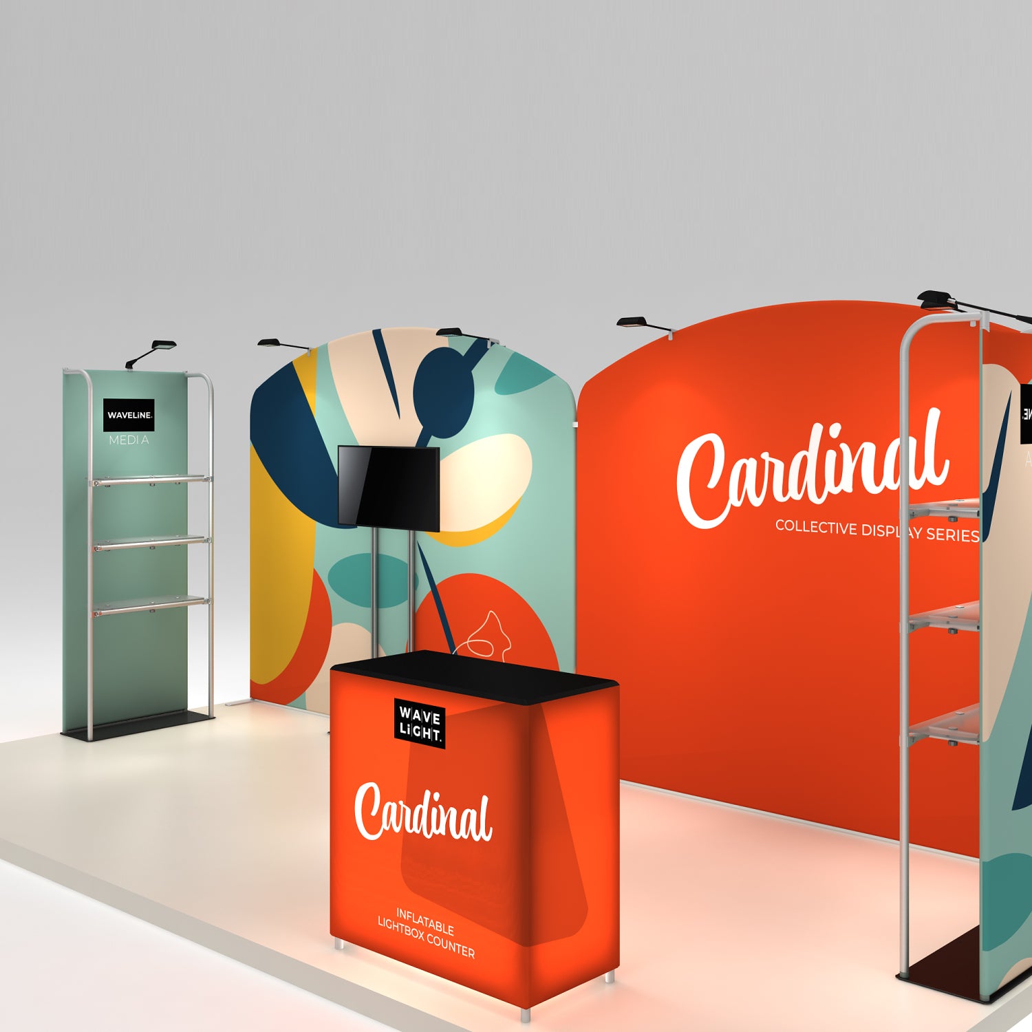 Trade show booth with curved backdrop, multimedia display, and inflatable lightbox counter for exhibitions
