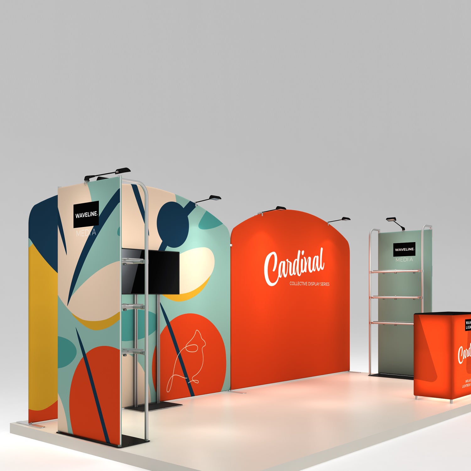 Trade show exhibition booth with curved wall displays, media screens, and branded counter