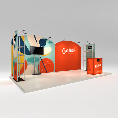 Trade show booth with curved display panels and media stand for exhibitions and special events