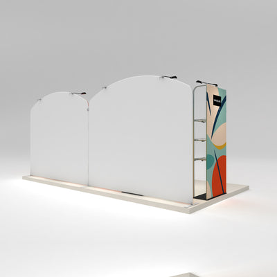 Modular trade show booth with curved display panels and illuminated base for exhibitions and events