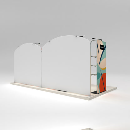Modular trade show booth with curved display panels and illuminated base for exhibitions and events