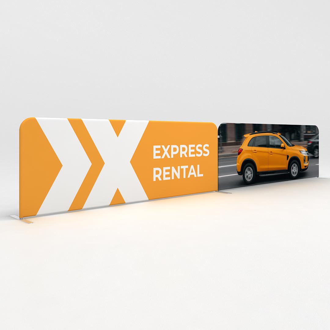 Trade show display with large sign featuring bold arrows and express rental text next to promotional vehicle graphic