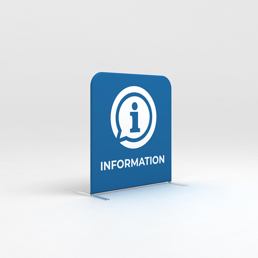 Freestanding trade show information display with support feet for exhibitions and events