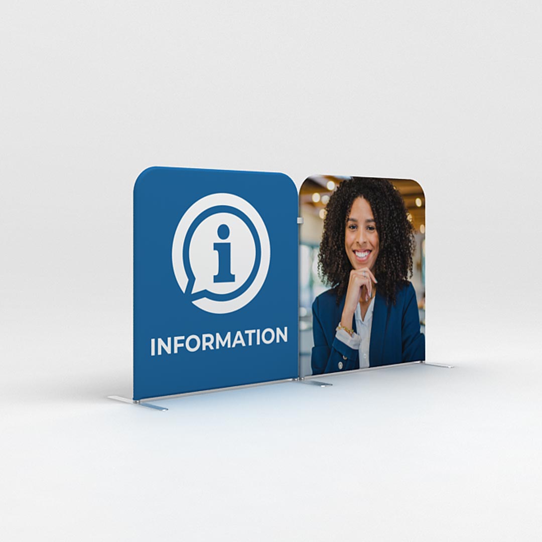 Trade show information booth display with informational icon and smiling representative image