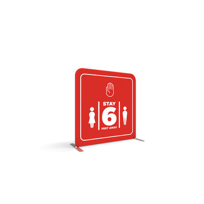 Comfort barrier partition with social distancing sign for trade shows and exhibitions