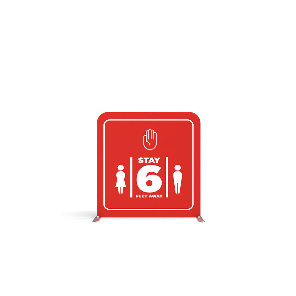 Comfort barrier partition with social distancing sign for trade shows and exhibitions