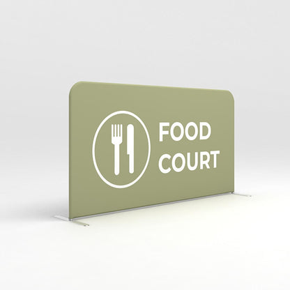 Freestanding trade show barrier with food court signage featuring fork and knife icon for event navigation