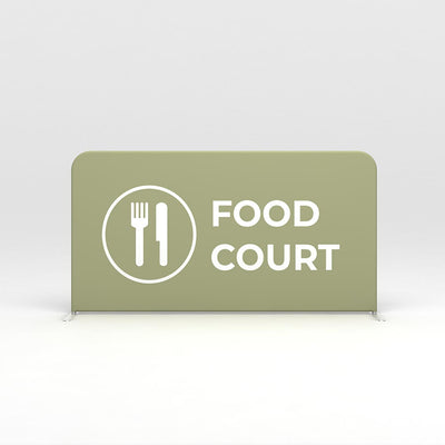Trade show barrier with food court signage and fork and knife icon for event navigation