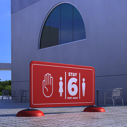 Outdoor social distancing barrier signage for trade shows and events instructing to stay 6 feet apart