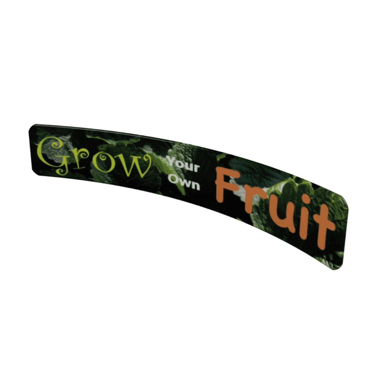 Curved trade show banner with text 'Grow Your Own Fruit' showcasing exhibition display graphics