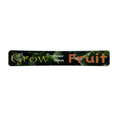 Curved trade show header with leafy background and text promoting grow your own fruit