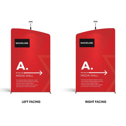 Two freestanding WaveLine Media Wall display panels showcasing trade show and exhibition signage setups