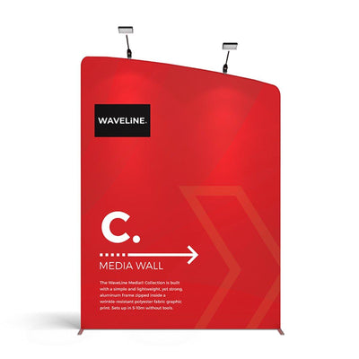 WaveLine Media Wall trade show display with lightweight aluminum frame and wrinkle-resistant fabric