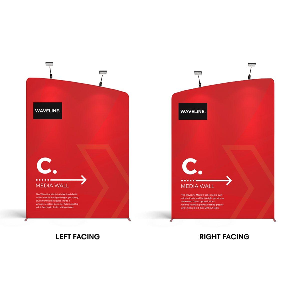 Two curved media walls with overhead lights for trade shows and exhibitions featuring branded fabric graphics