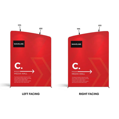 Two curved media walls with overhead lights for trade shows and exhibitions featuring branded fabric graphics