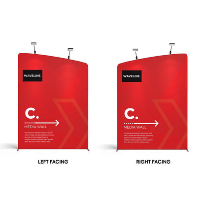 Two curved media walls with overhead lights for trade shows and exhibitions featuring branded fabric graphics