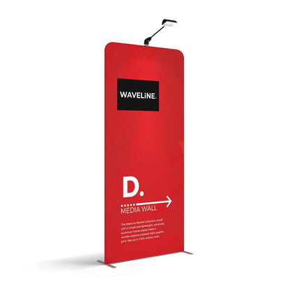 Portable media wall display with graphic panel and attached spotlight for trade shows and exhibitions
