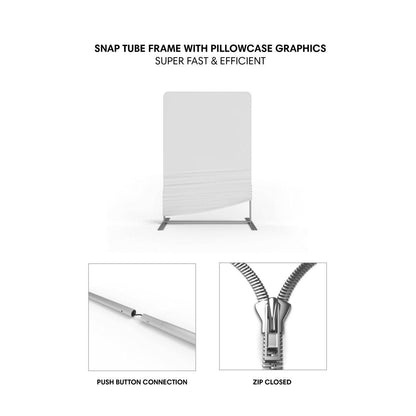 Snap tube frame with pillowcase graphics for trade shows, featuring push button connection and zip closure