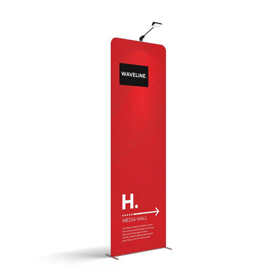 Tall waveline media wall display with graphic print and overhead light for trade shows and exhibitions