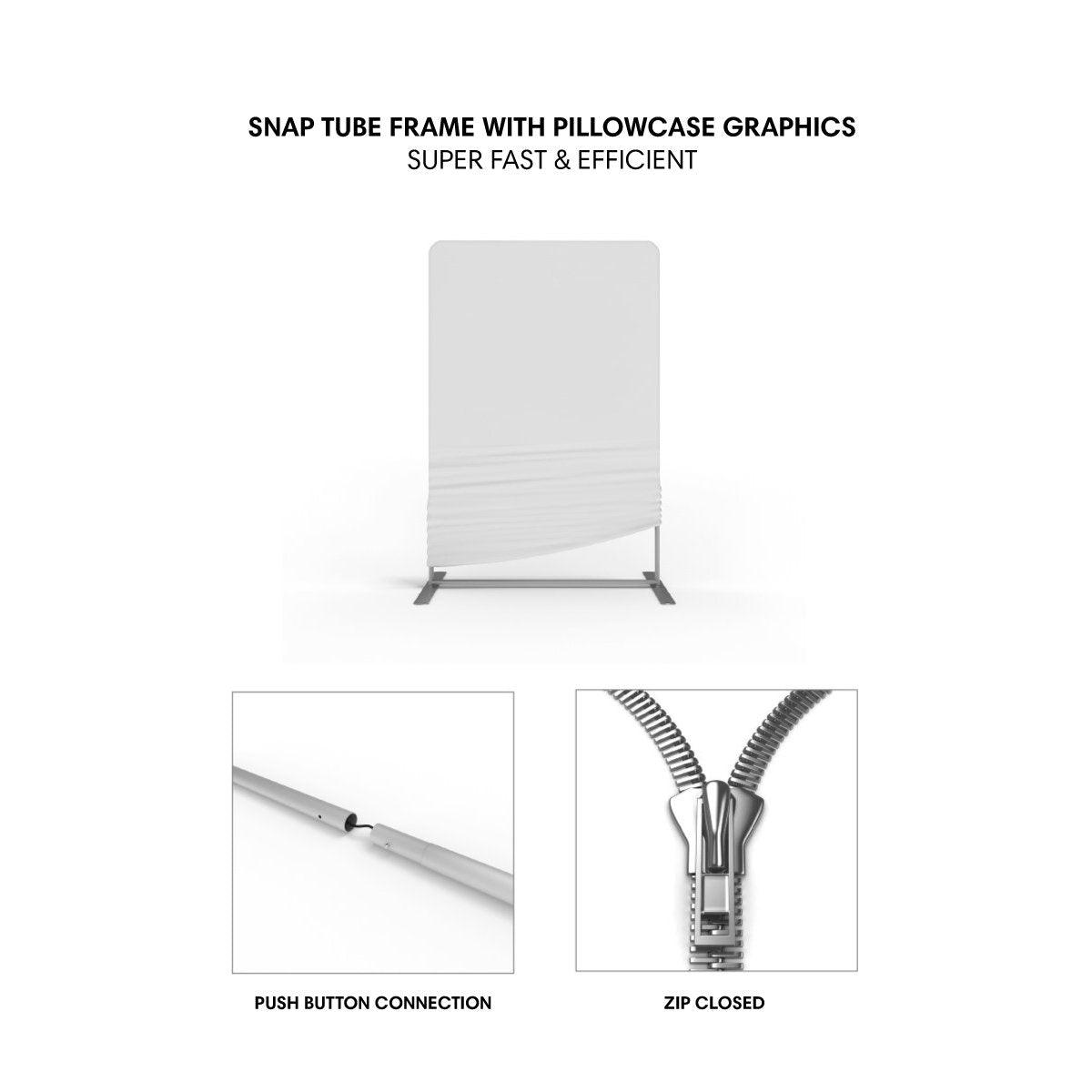 Snap tube frame with pillowcase graphics for fast trade show displays, featuring push button connection and zip closure