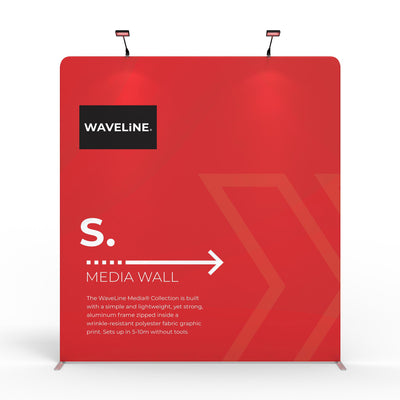 Trade show media wall with aluminum frame and wrinkle-resistant polyester fabric graphic for exhibitions