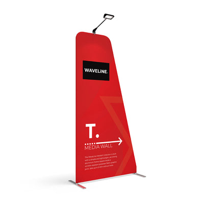 Freestanding trade show media wall display with adjustable overhead light for exhibitions and special events