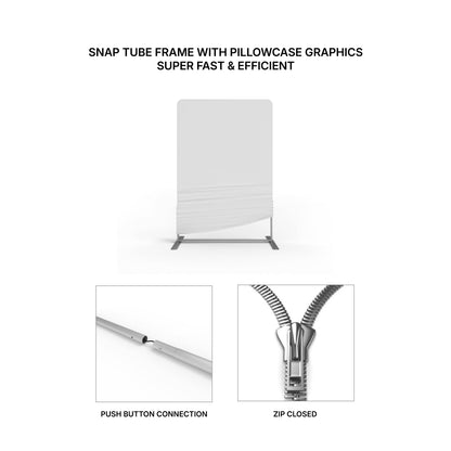Snap tube frame with pillowcase graphics for trade shows and exhibitions, featuring push button connection and zip closure