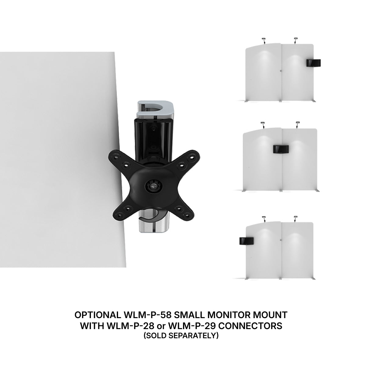 Small monitor mount attached to exhibition display panels for trade shows and events with adjustable connectors