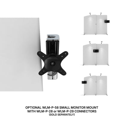 Small monitor mount attached to exhibition display panels for trade shows and events with adjustable connectors