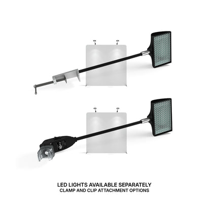 LED lights with clamp and clip attachments for trade show and exhibition booth lighting