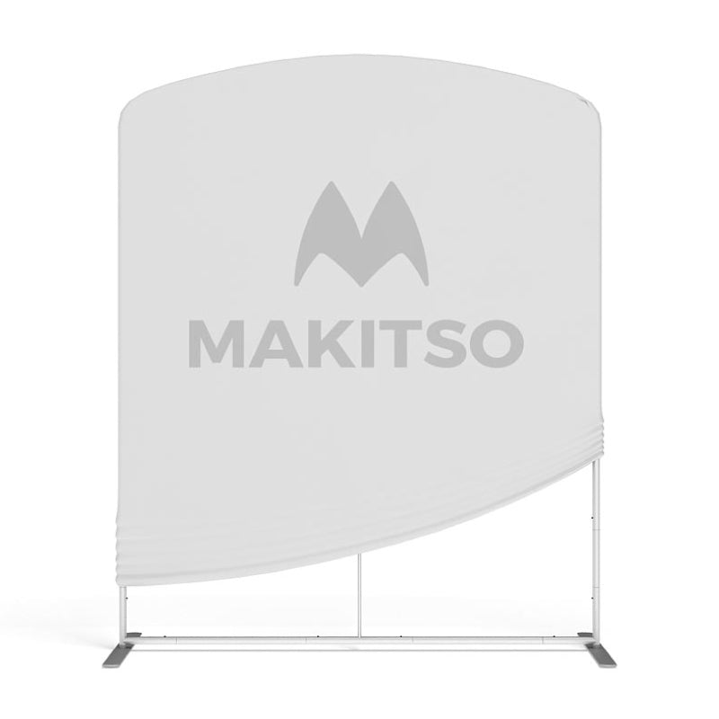 Large fabric media panel display with curved top and logo, ideal for trade shows and exhibitions