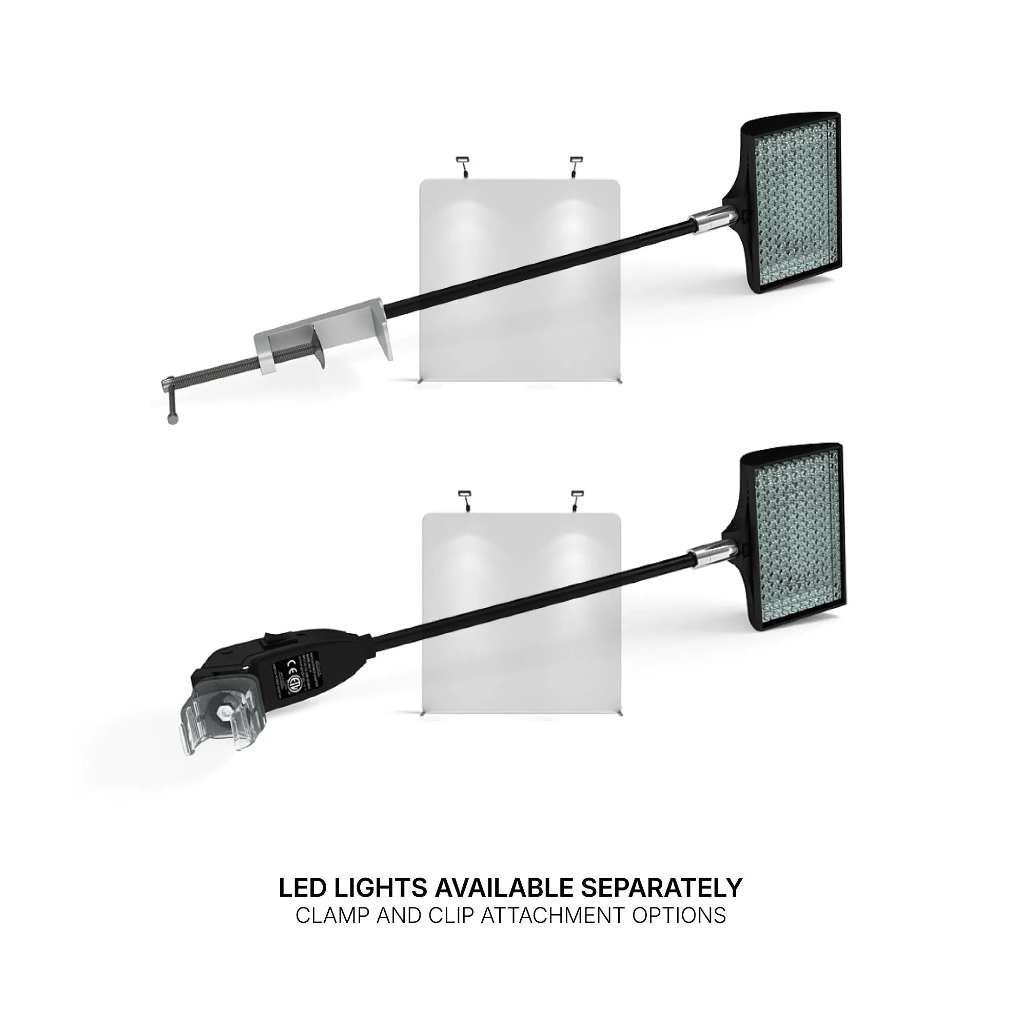 LED trade show lights with clamp and clip attachments for exhibition displays