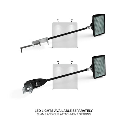 LED trade show lights with clamp and clip attachments for exhibition displays