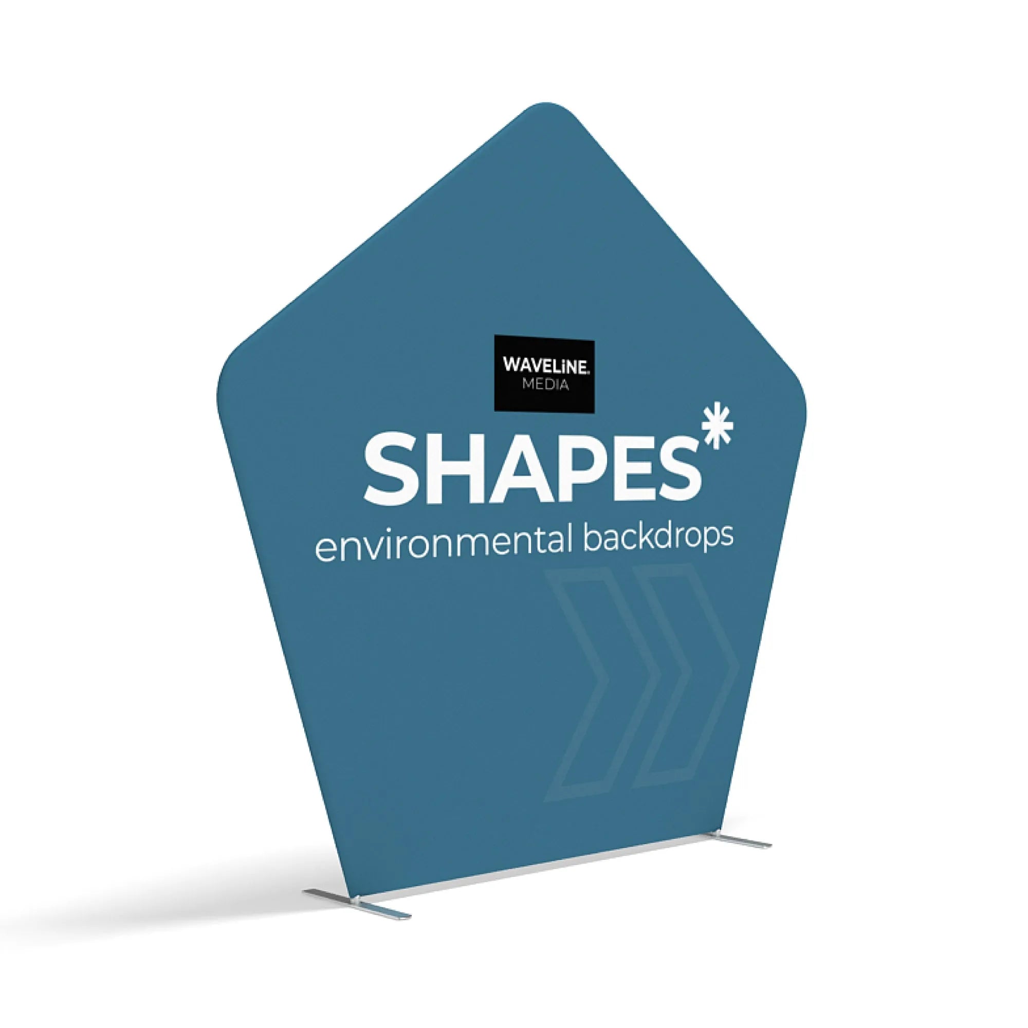 Pentagon-shaped environmental backdrop for trade shows and exhibitions with branding and support stands