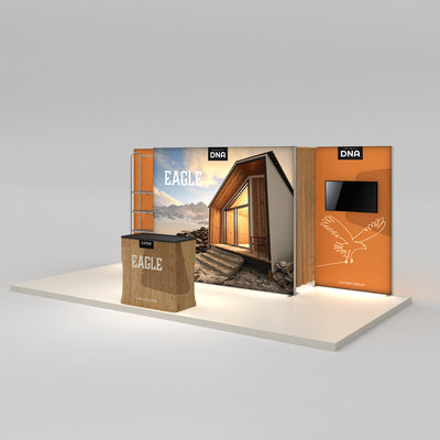 Trade show exhibit booth with modular display panels, lightbox graphics, and counter for exhibitions