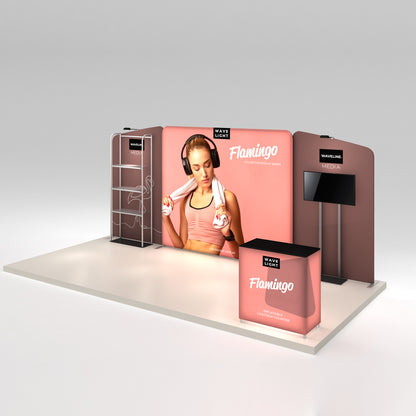 Trade show display with large graphic backdrop, shelving unit, media stand, and lightbox counter for exhibitions