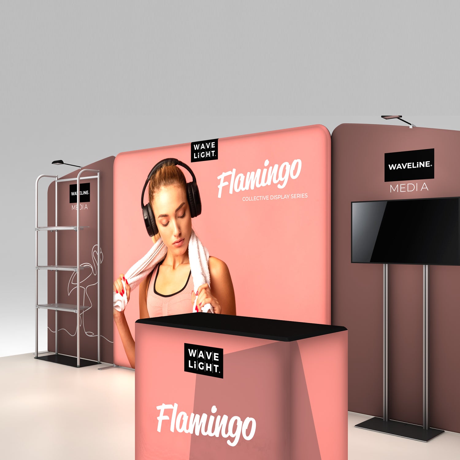 Trade show display booth featuring branded pop-up backdrops, counter, shelves, and monitor stand