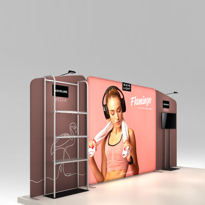 Trade show display featuring Waveline Flamingo LED backlit exhibit with media monitor and shelving