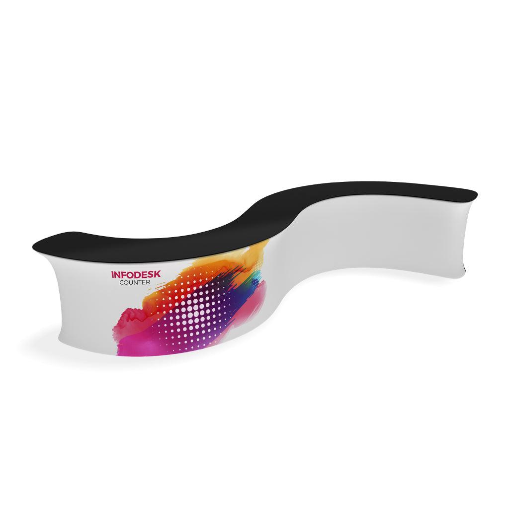 Curved trade show infodesk counter with colorful graphic for exhibitions and events