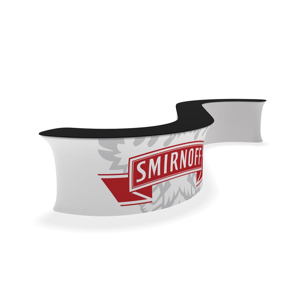 Curved trade show counter with branded graphic wrap for exhibitions and special events