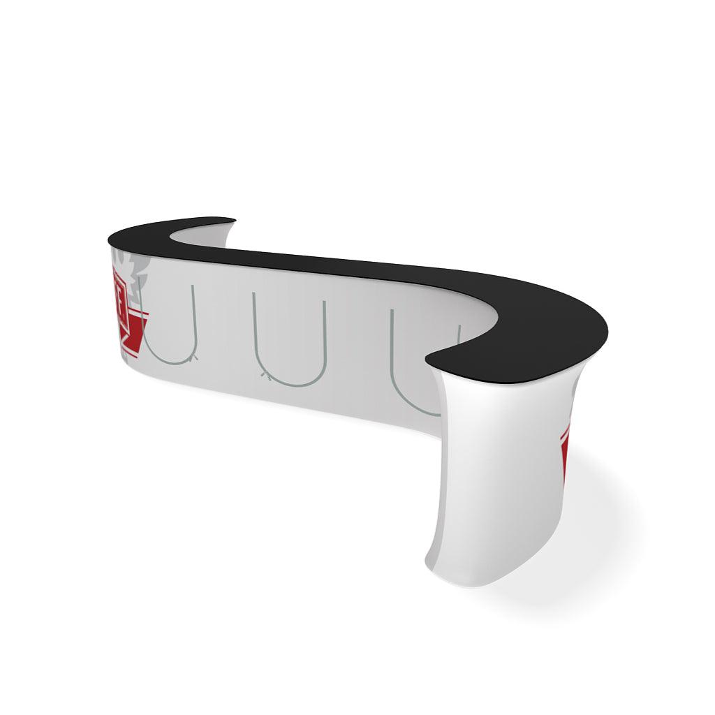 Curved infodesk counter designed for trade shows and exhibitions with branded fabric display