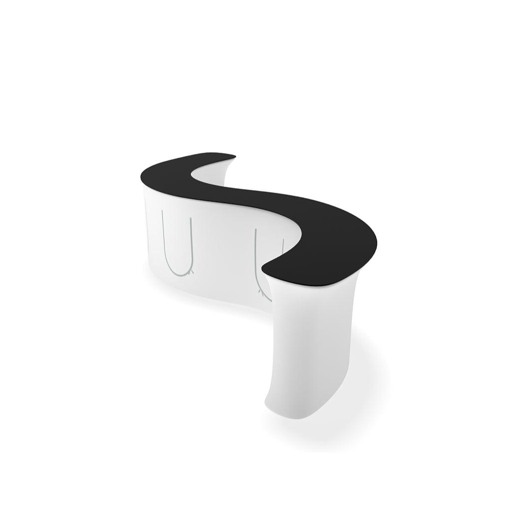 Curved trade show counter with fabric covering and smooth top for exhibitions and special events