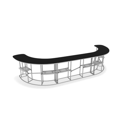 Curved modular trade show counter with metal frame and multiple shelves for exhibitions and events