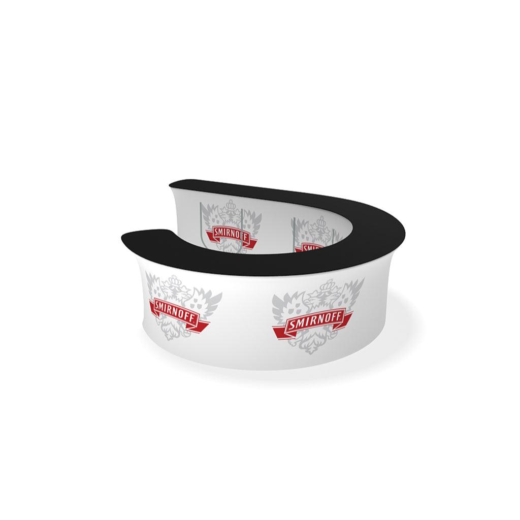 Curved promotional trade show counter with branded graphic wrap for exhibitions and events