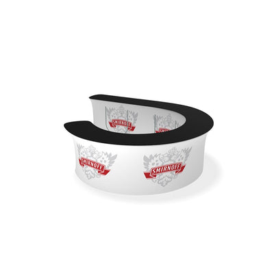 Curved promotional trade show counter with branded graphic wrap for exhibitions and events