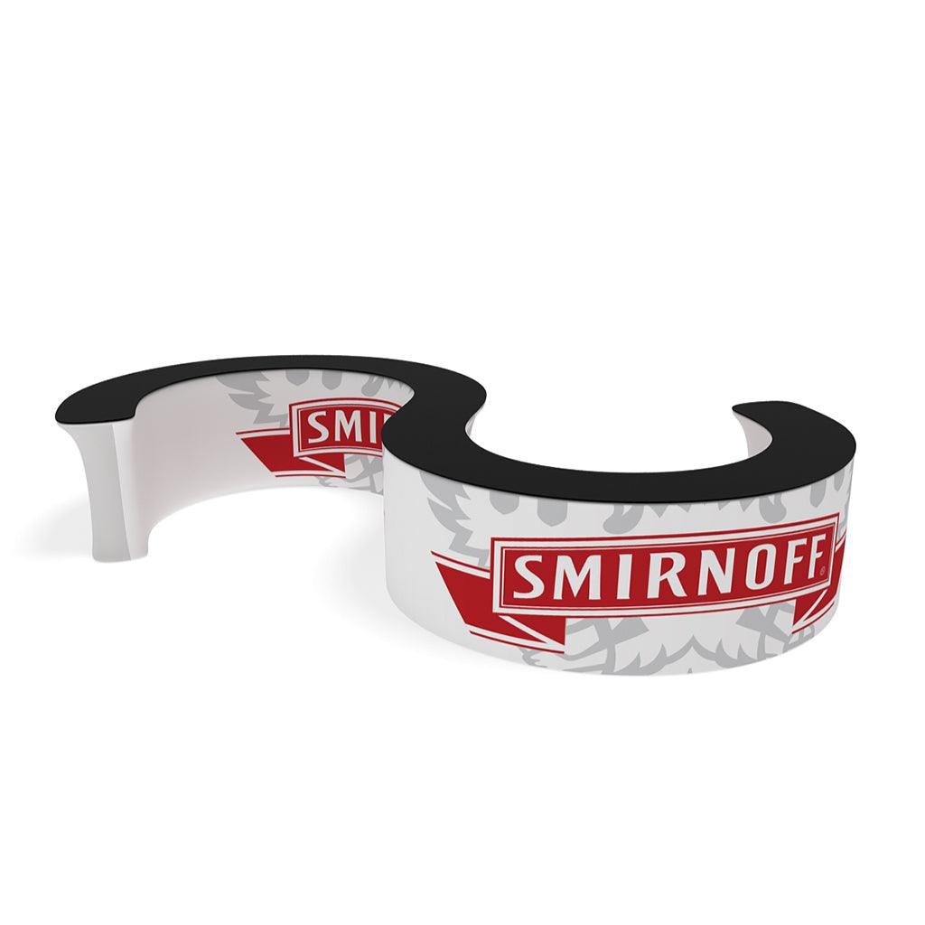Curved promotional trade show counter with Smirnoff branding for exhibitions and special events