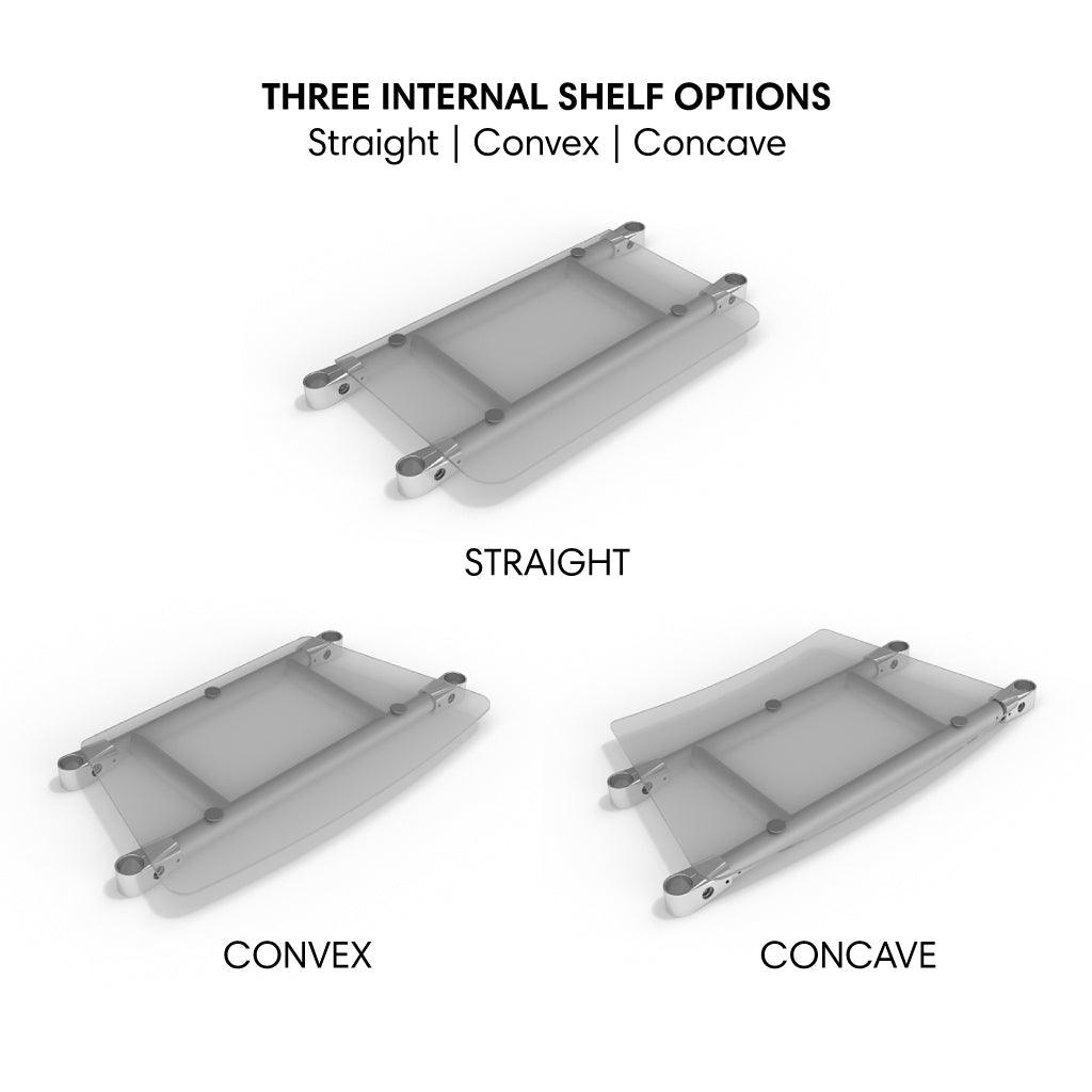 Three internal shelving options for trade show displays: straight, convex, and concave shelves