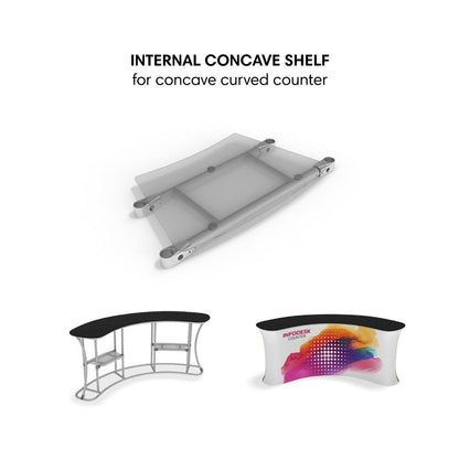 Internal concave shelf designed for concave curved trade show counters and exhibition infodesk displays